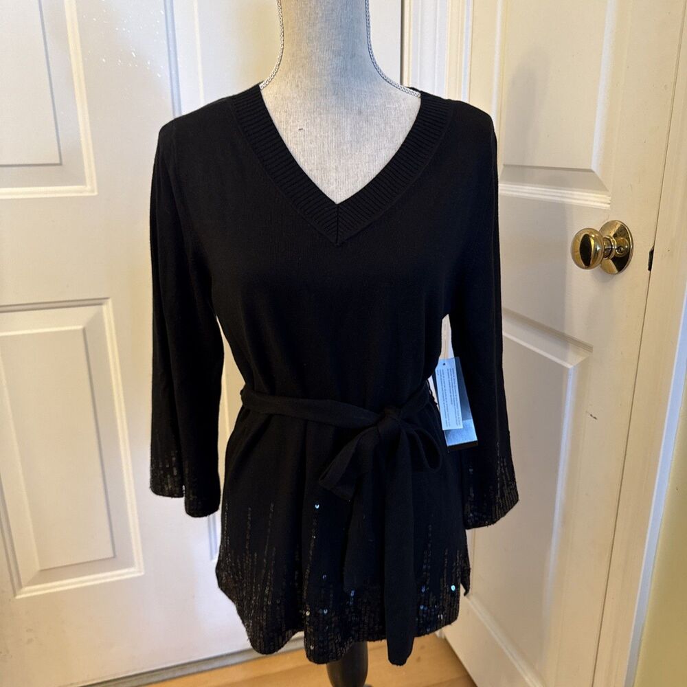 BLACK SILK CASHMERE BLEND TUNIC NWT Jones New York Size M Sequined Sweater Top